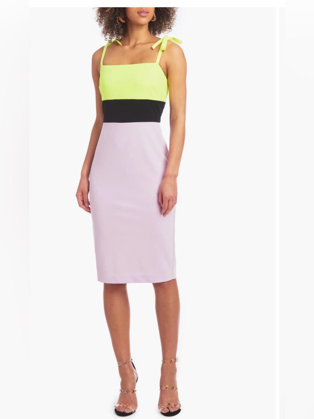 C SIRIANO Colorblock Tie-Shoulder Sheath Dress — Neon Yellow, Black & Lilac